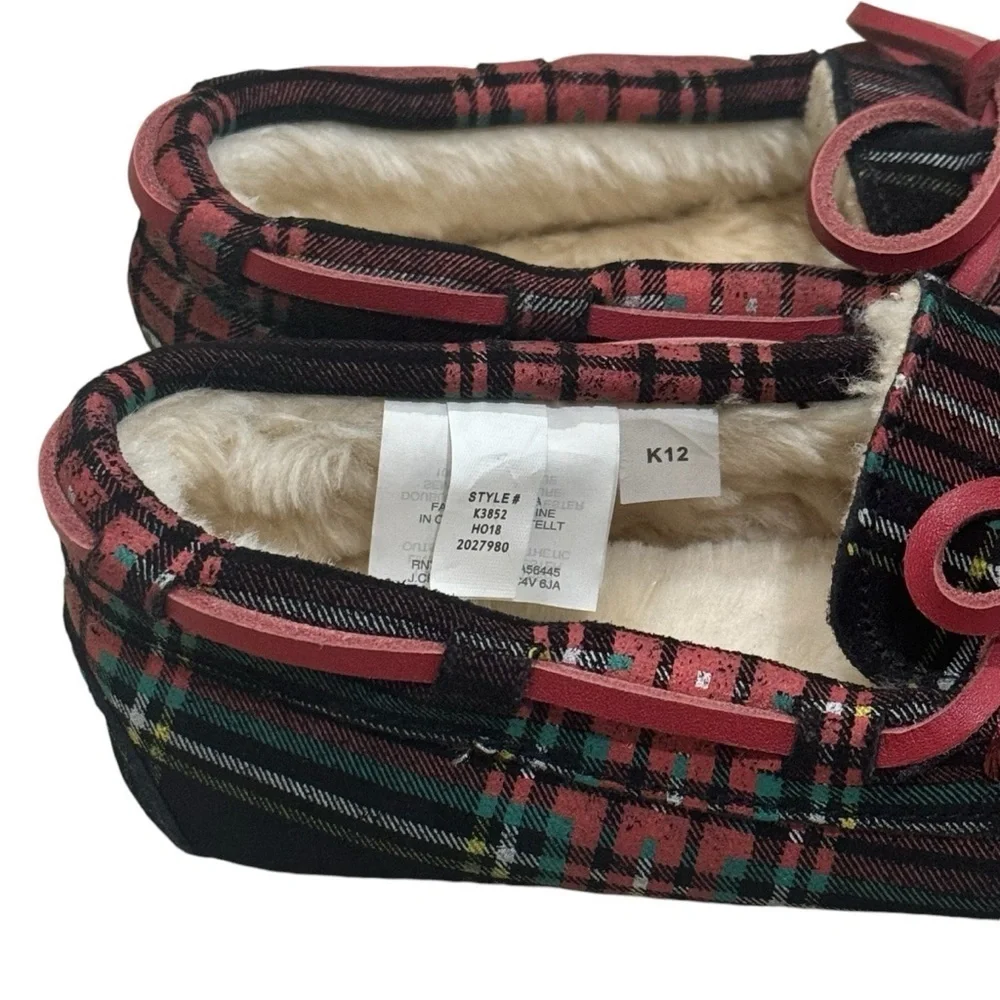 Crewcuts Plaid Holiday Winter Moccasin Leather Upper Faux Fur Kid's Size 12‎